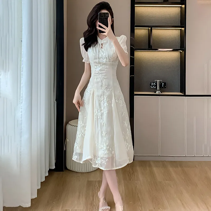 HUINIAN Short Sleeved Dresses Women's Beige New Chinese Style Dress-2