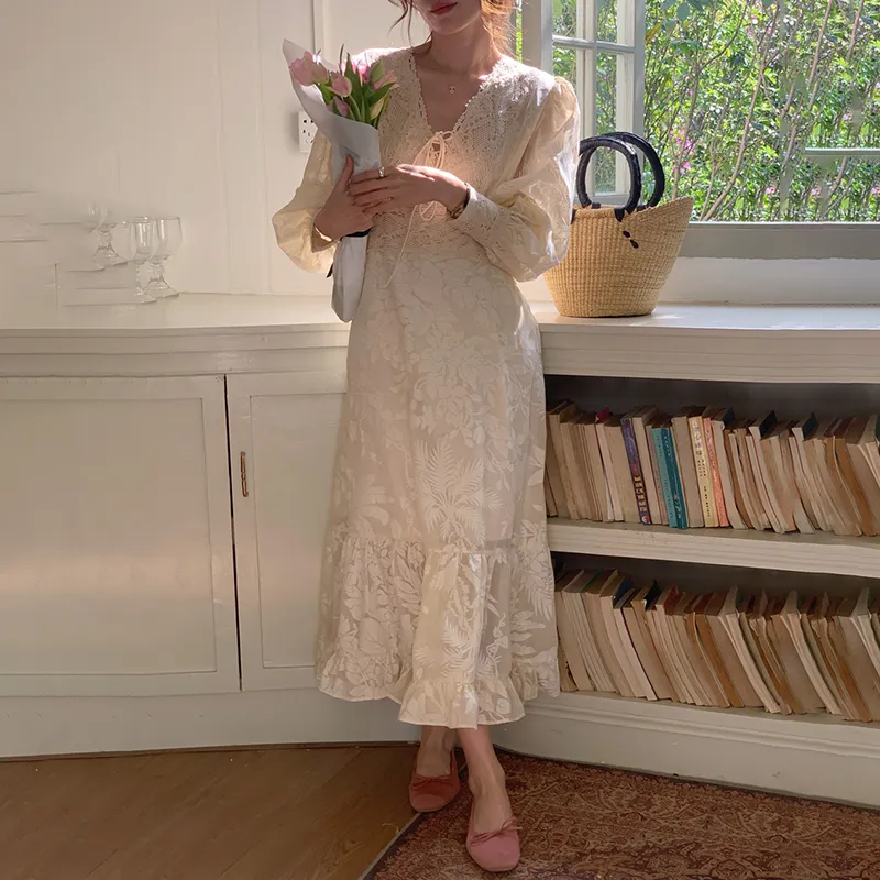 Long Sleeved Fashion Dress Women's Apricot Single Item-12