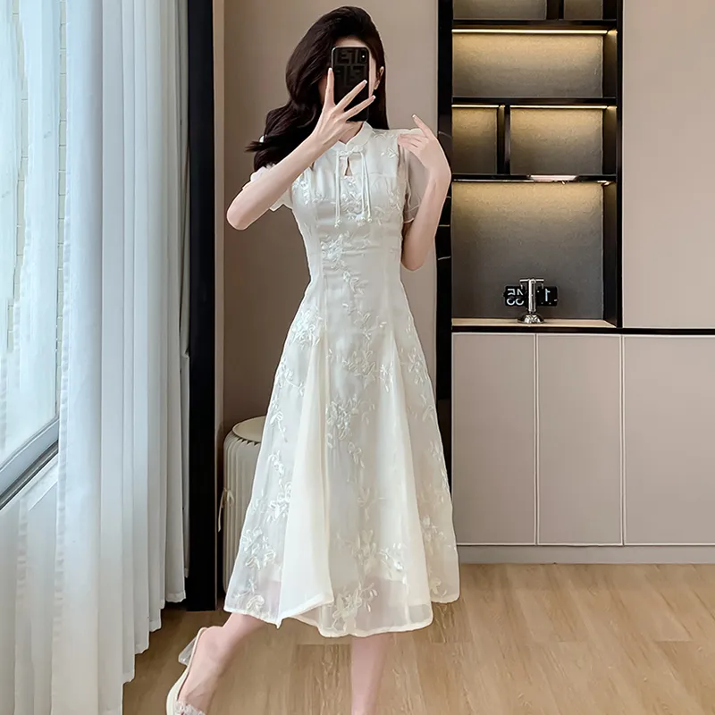 HUINIAN Short Sleeved Dresses Women's Beige New Chinese Style Dress-3