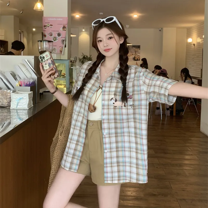 HUINIAN Shirts Women's Green Plaid Shirt-4