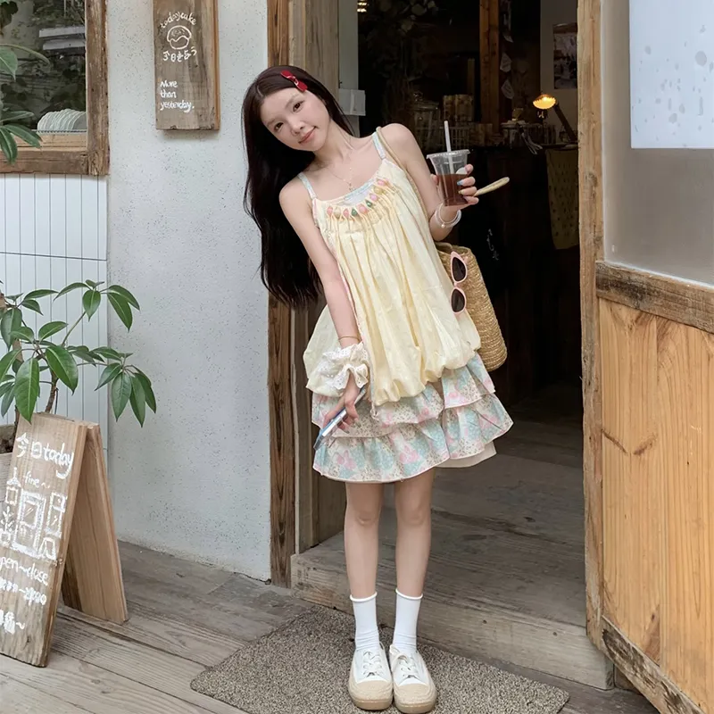 JUFU Slip Dresses Women's Yellow-2