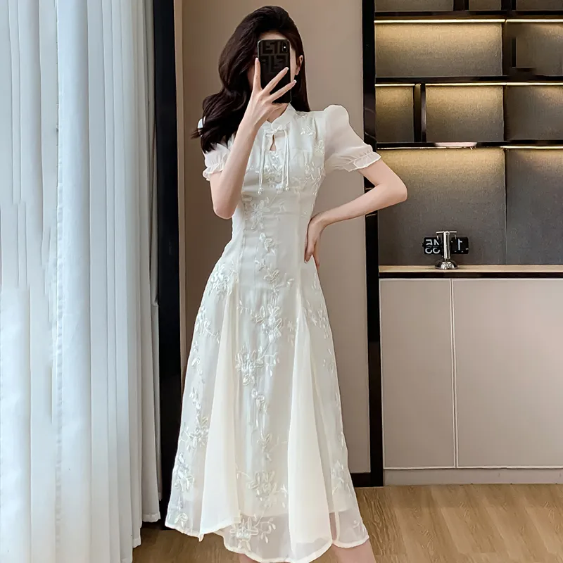 HUINIAN Short Sleeved Dresses Women's Beige New Chinese Style Dress-4