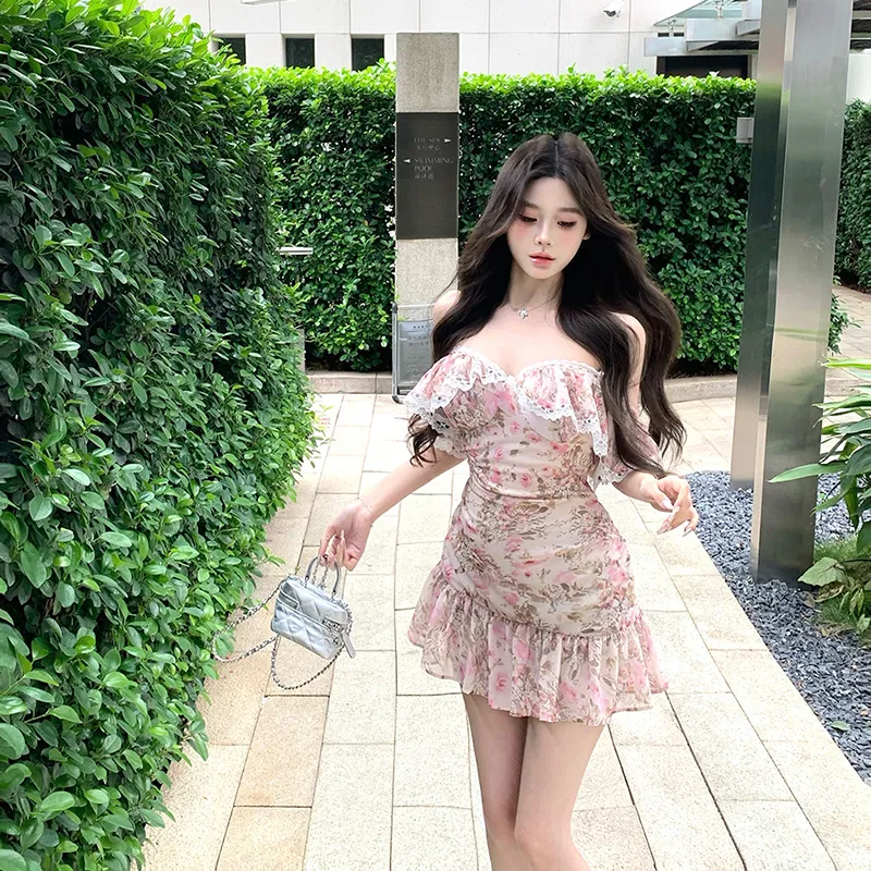 HUINIAN Short Sleeved Dresses Women's Pink Floral Dress-2
