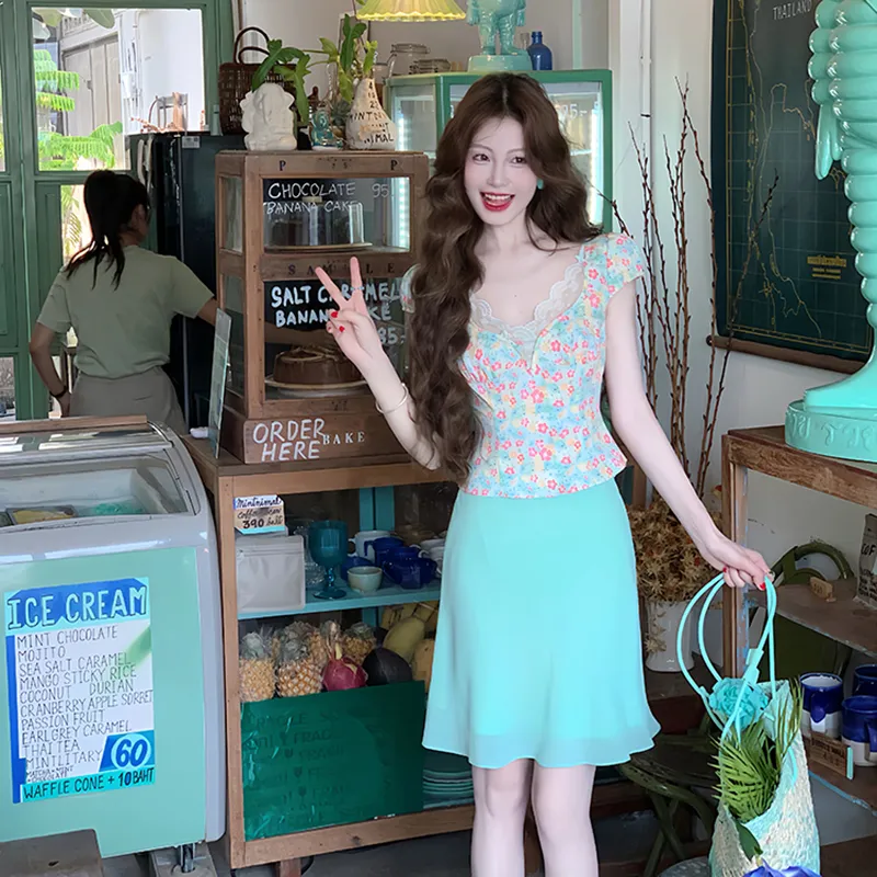 HUINIAN Two Piece Skirt Sets Women's Floral Top+Green Skirt-4