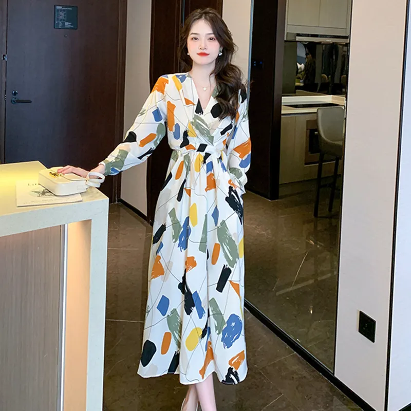 Fashion Long Sleeved Dress Women's Rich Multicolor-18
