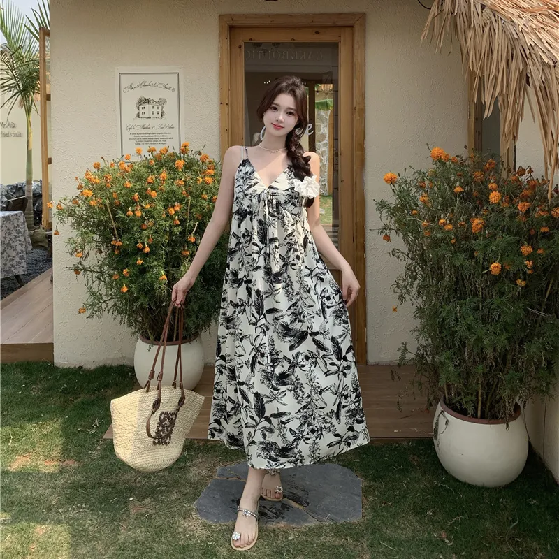 HUINIAN Slip Dresses Women's Ink Wash Painting Floral-2