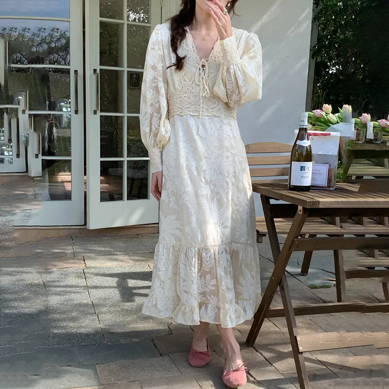 Long Sleeved Fashion Dress Women's Apricot Single Item-2