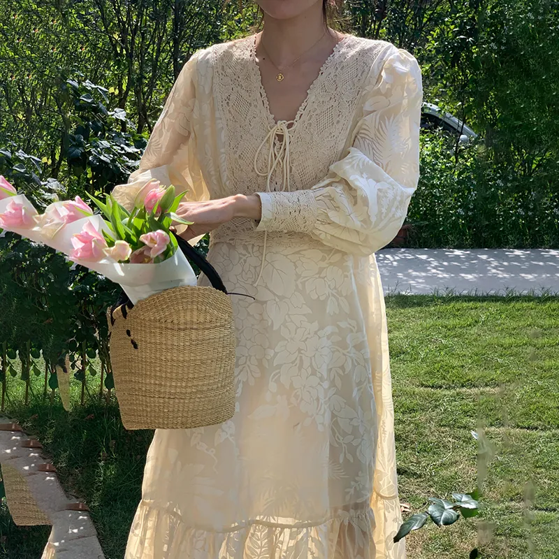 Long Sleeved Fashion Dress Women's Apricot Single Item-3