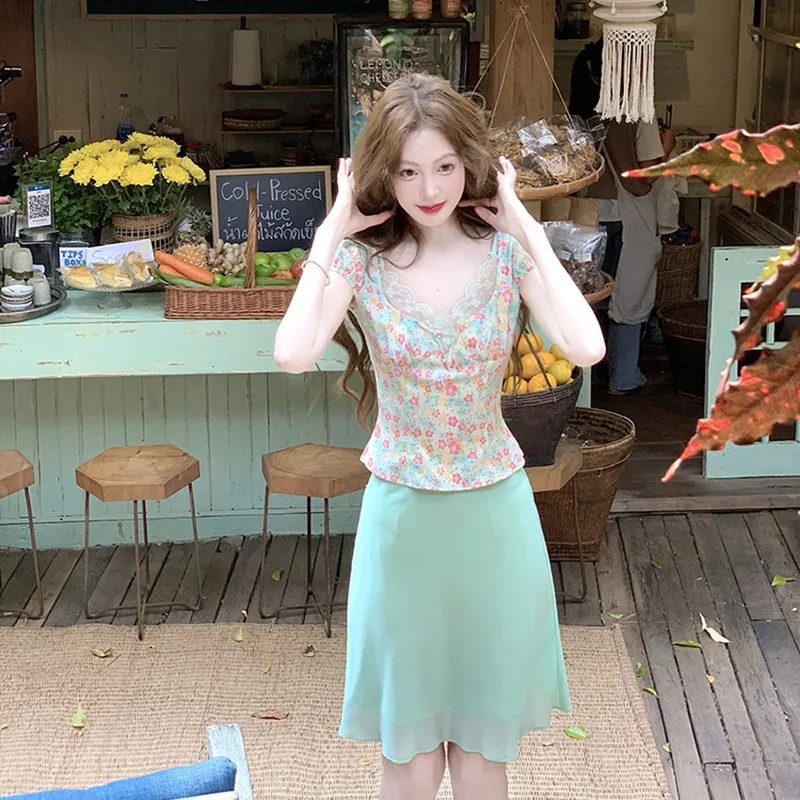 HUINIAN Two Piece Skirt Sets Women's Floral Top+Green Skirt-3