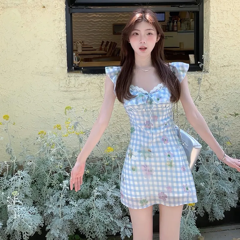 FLIM Slip Dresses Women's Blue Checkered Floral-2