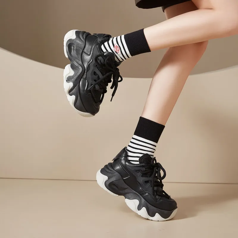SHUXIAOBEI Cushioning Slip Resistant Breathable Height Increasing Thermal Low Top Chunky Sneakers Women's-2