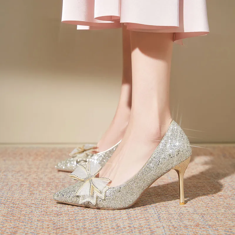 Medd Bowknot French Crystal Wedding Shoes Slim Heel High Heels Women's-18