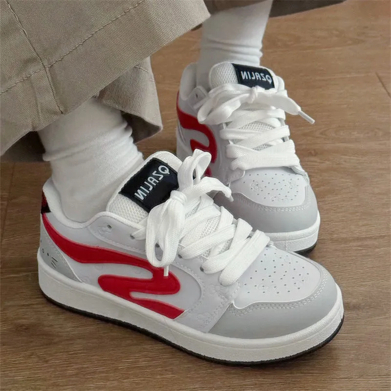 Medd Slip Resistant, Lightweight, And Breathable Low Top Classic Skateboard Shoes Women's White, Red, Gray Shades-4