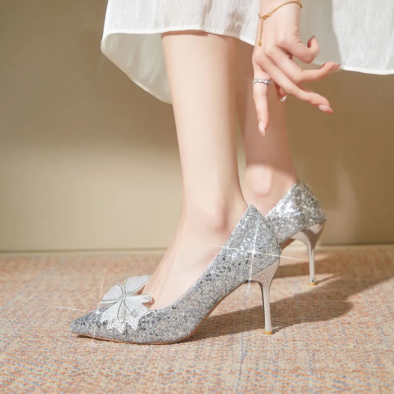 Medd Bowknot French Crystal Wedding Shoes Slim Heel High Heels Women's-7