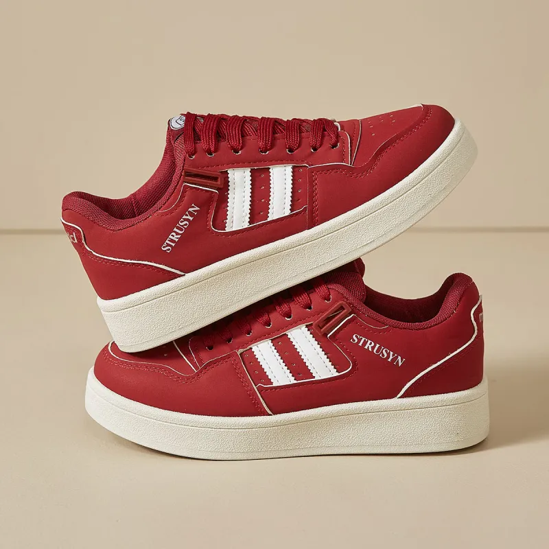 Medd Warm Slip-Resistant Lightweight Height Increasing Low-Top Red And White Striped Skateboard Shoes Women's Burgundy-6
