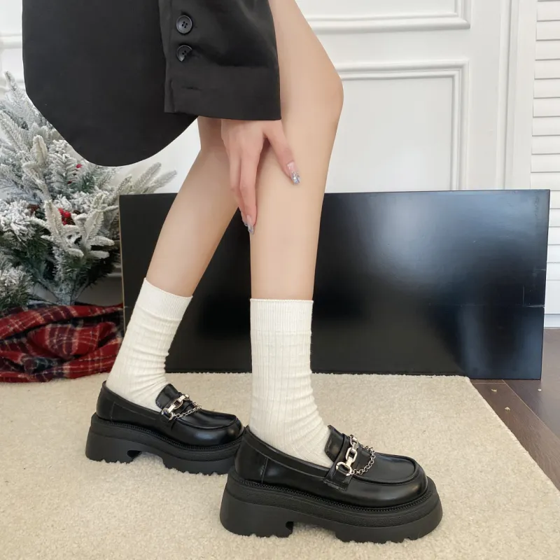 Medd Trendy Loafers Height Approx. 6cm Women's Classic Black & White Color Scheme-5