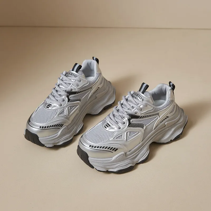 Medd Slip Resistant, Abrasion Resistant, Breathable Low Top Chunky Sneakers Women's Silver-1