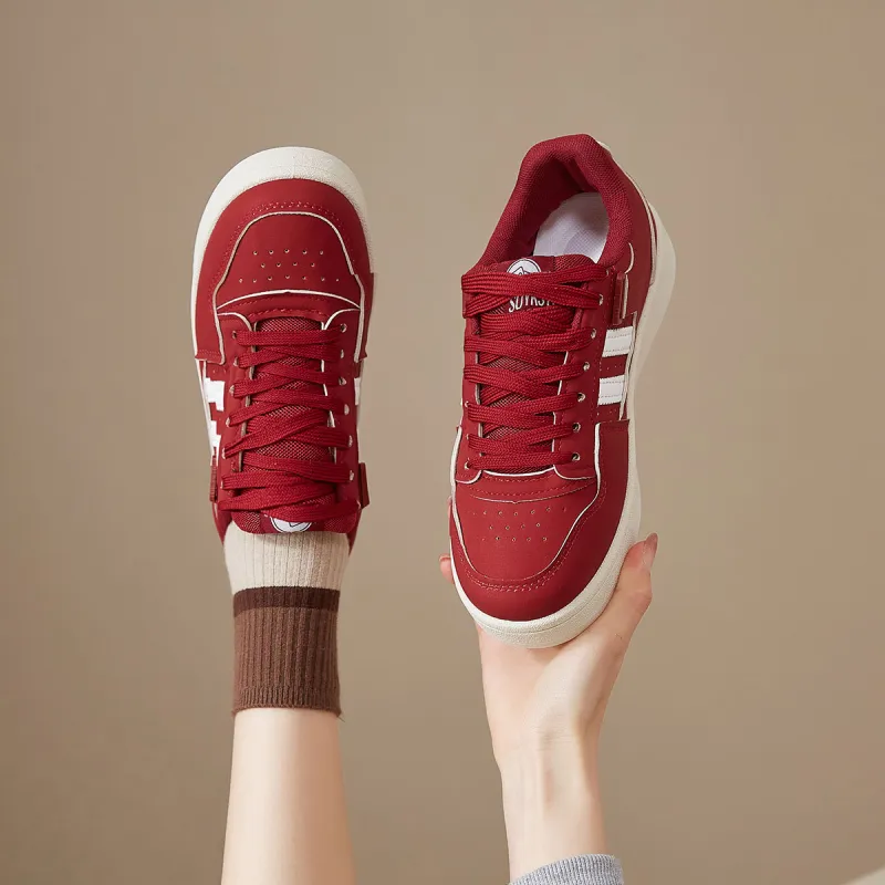 Medd Warm Slip-Resistant Lightweight Height Increasing Low-Top Red And White Striped Skateboard Shoes Women's Burgundy-5