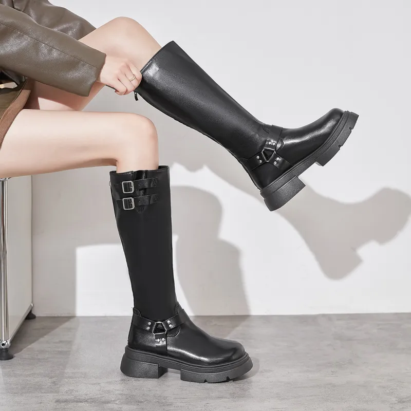 Medd Knee High Boots Platform Height Increasing Women's Black-3