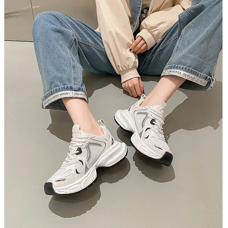 Medd Cushioning, Abrasion Resistant, Height Increasing Low Top Chunky Sneakers Women's White-4