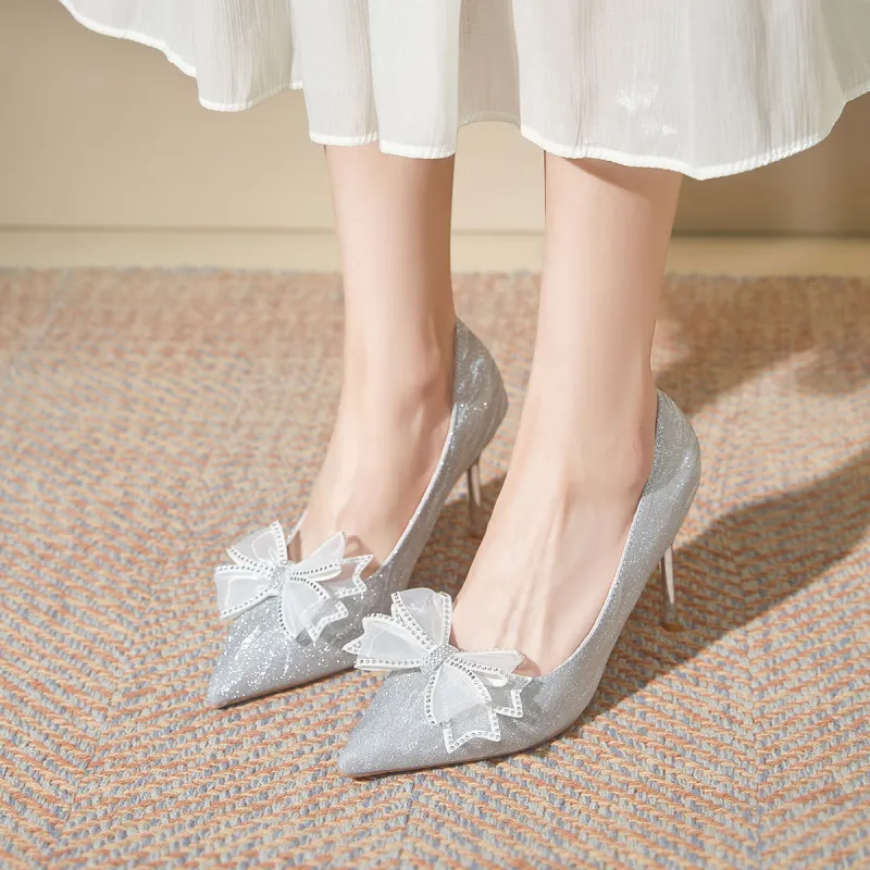 Medd Bowknot French Crystal Wedding Shoes High Heels Women's-4