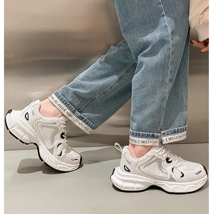 Medd Cushioning, Abrasion Resistant, Height Increasing Low Top Chunky Sneakers Women's White-3