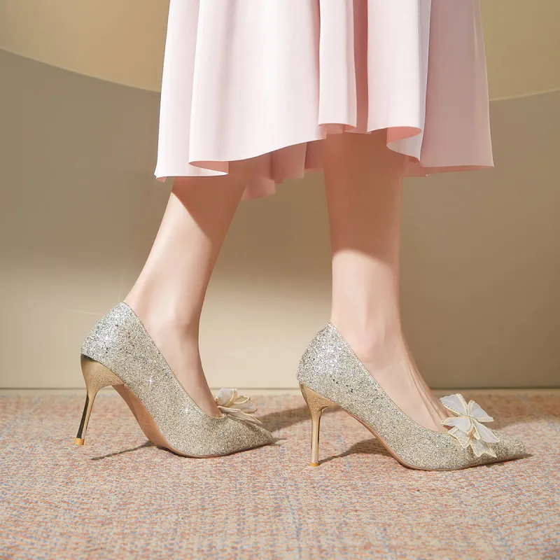 Medd Bowknot French Crystal Wedding Shoes Slim Heel High Heels Women's-19