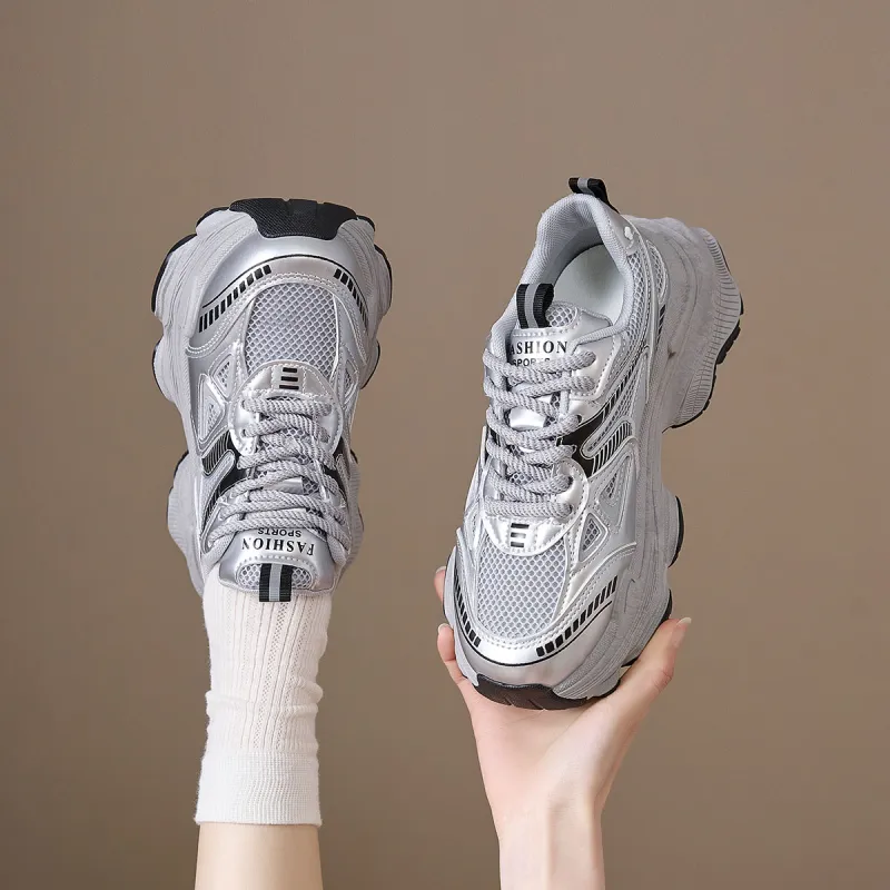 Medd Slip Resistant, Abrasion Resistant, Breathable Low Top Chunky Sneakers Women's Silver-3