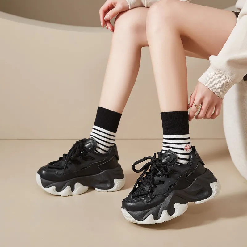 SHUXIAOBEI Cushioning Slip Resistant Breathable Height Increasing Thermal Low Top Chunky Sneakers Women's-1