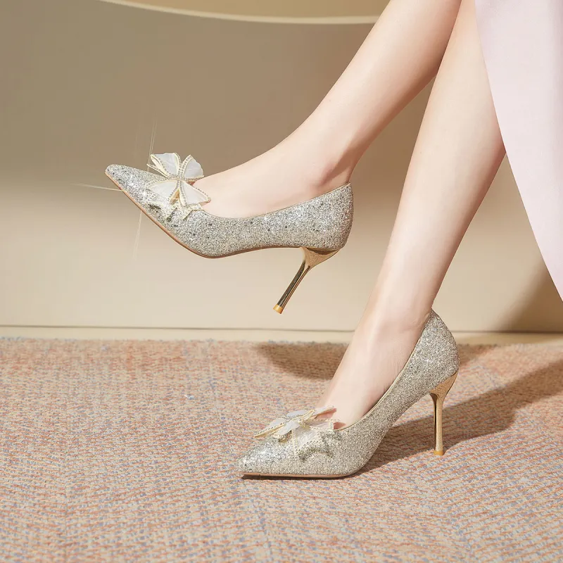 Medd Bowknot French Crystal Wedding Shoes Slim Heel High Heels Women's-12