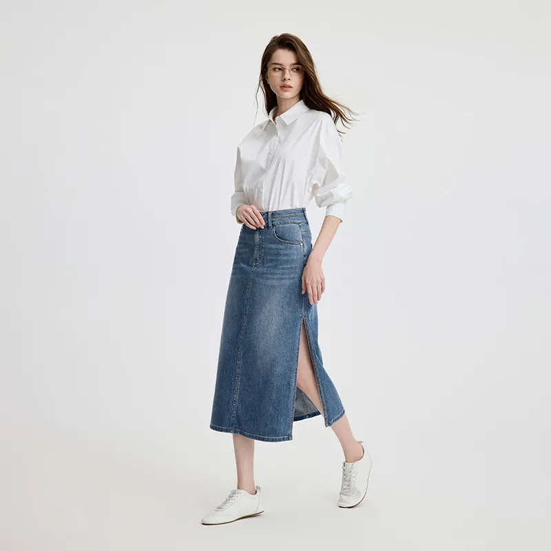 NAVIGARE Denim Long Skirt Women's Dark Pearl Royal Blue-3