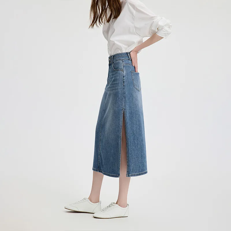 NAVIGARE Denim Long Skirt Women's Dark Pearl Royal Blue-5
