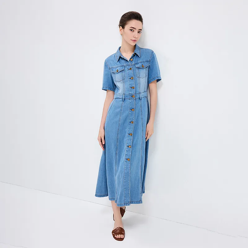 NAVIGARE Short Sleeved Dress Women's Denim Blue-6