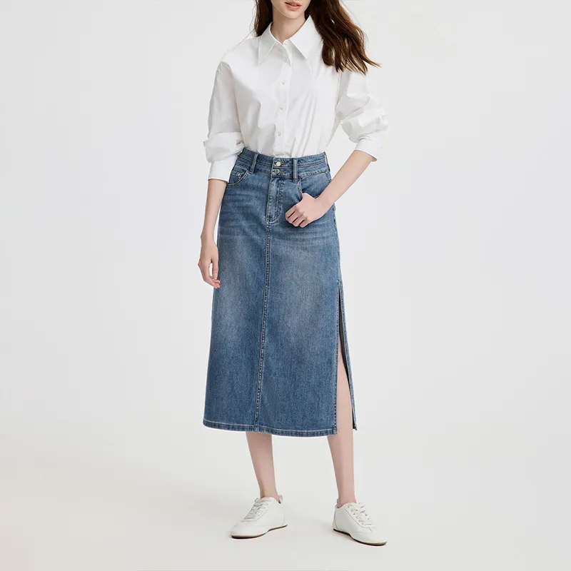 NAVIGARE Denim Long Skirt Women's Dark Pearl Royal Blue-4