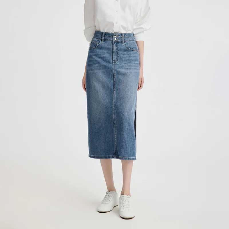 NAVIGARE Denim Long Skirt Women's Dark Pearl Royal Blue-2