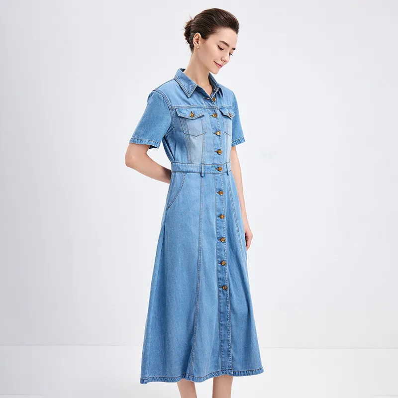 NAVIGARE Short Sleeved Dress Women's Denim Blue-4