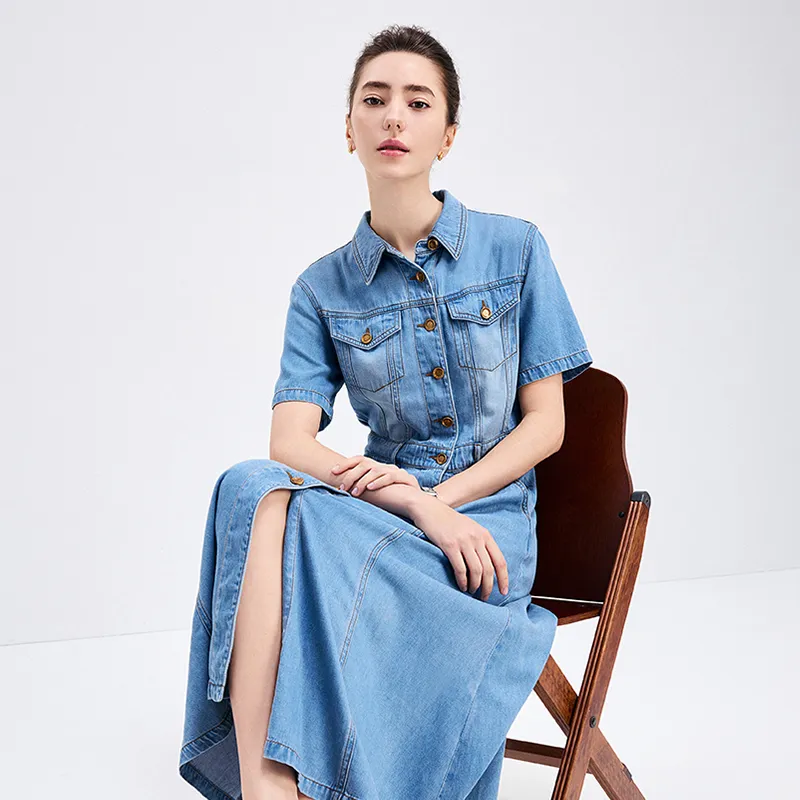 NAVIGARE Short Sleeved Dress Women's Denim Blue-5