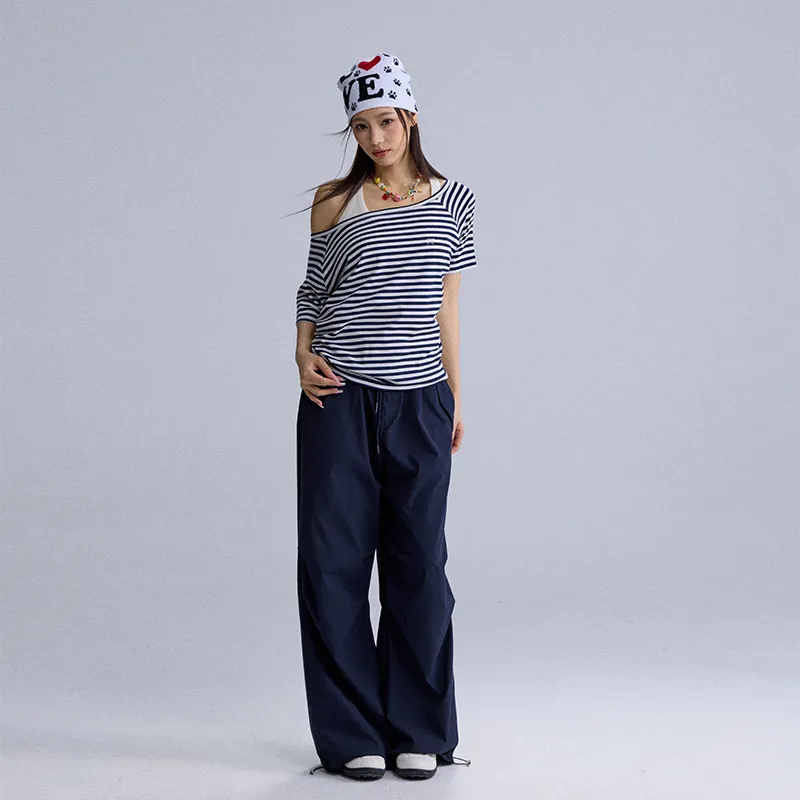 HEYABC T Shirts Women's Sky Blue Stripes Asymmetrical Shoulder-4