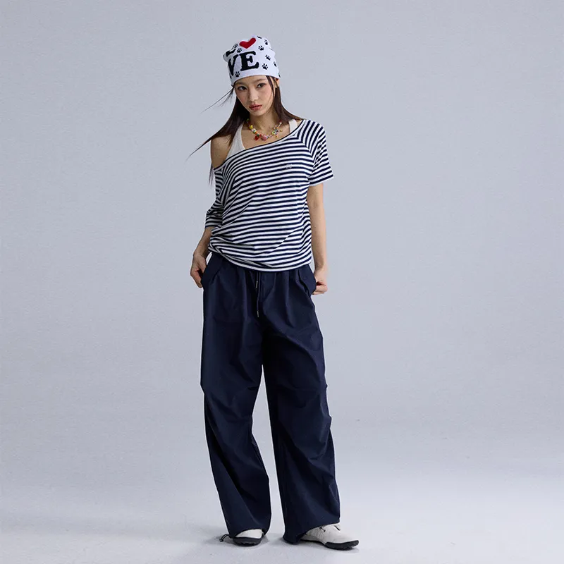 HEYABC T Shirts Women's Sky Blue Stripes Asymmetrical Shoulder-3
