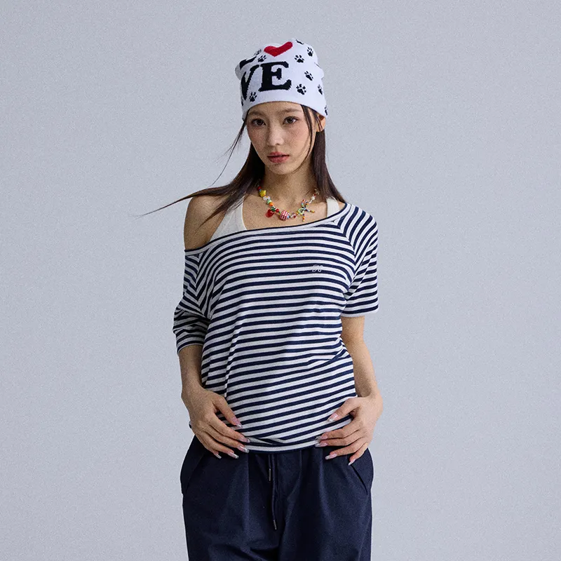 HEYABC T Shirts Women's Sky Blue Stripes Asymmetrical Shoulder-2
