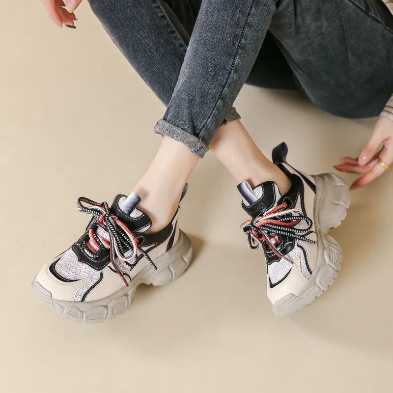 SHOUBA Cushioning Abrasion Resistant Lightweight Low Top Chunky Sneakers Women's Black Beige-2