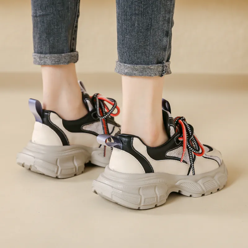 SHOUBA Cushioning Abrasion Resistant Lightweight Low Top Chunky Sneakers Women's Black Beige-6