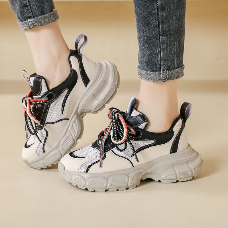 SHOUBA Cushioning Abrasion Resistant Lightweight Low Top Chunky Sneakers Women's Black Beige-3