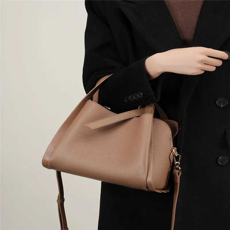 LARTIGENT Cow Leather Basket Bag Crossbody Bag Shoulder Bag Bucket Bag Handbag Regular Women's Black/Khaki-2