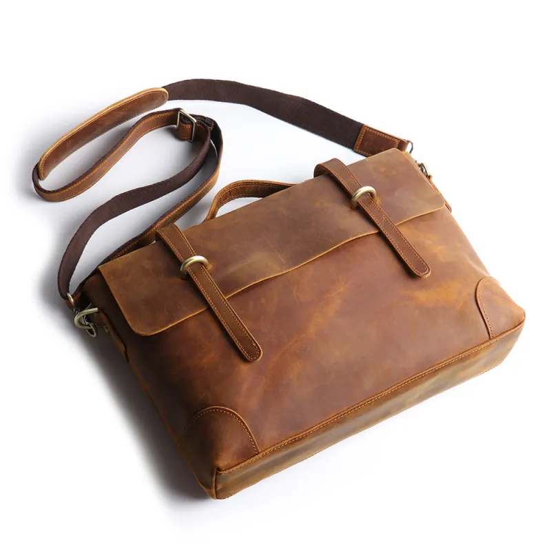 LARTIGENT Crazy Horse Cow Leather Vintage Portable Briefcase Shoulder Bag Crossbody Bag Regular Men's Brown Yellow-2