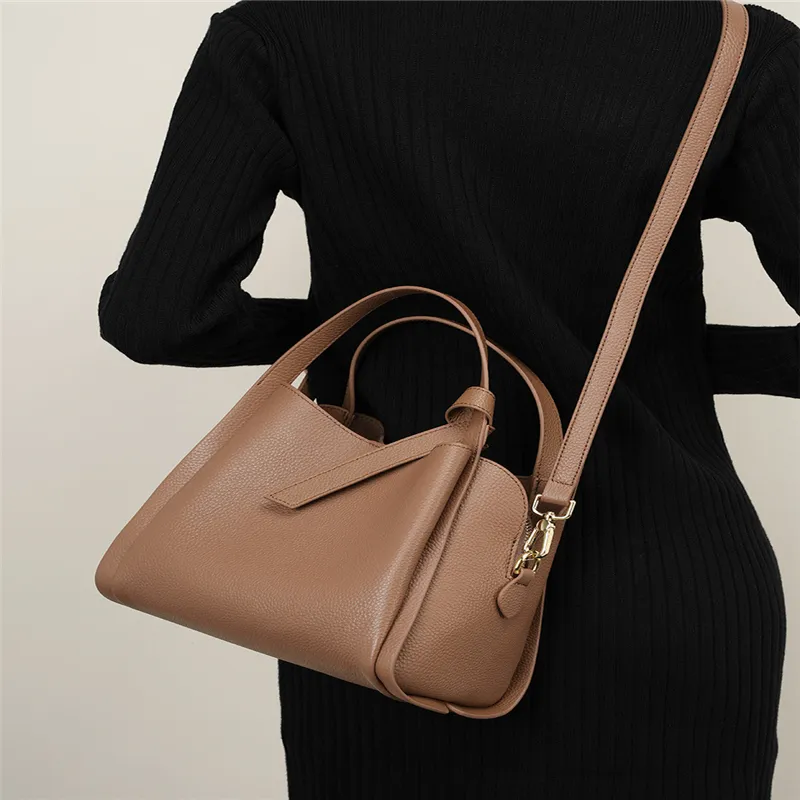 LARTIGENT Cow Leather Basket Bag Crossbody Bag Shoulder Bag Bucket Bag Handbag Regular Women's Black/Khaki-4