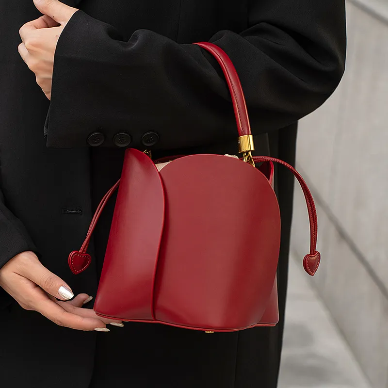 LARTIGENT Microfiber Synthetic Leather Cylinder Bag Bucket Bag Handbag Regular Women's Burgundy/Brown-2