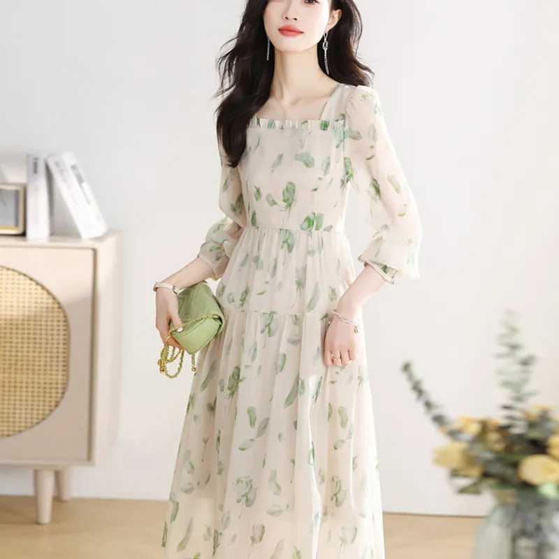 Fashion Long Sleeved Dress Women's Fresh Light Green-2