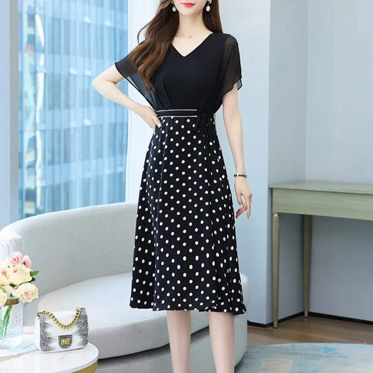 HUASJ Short Sleeved Dresses Women's Polka Dot Black-5