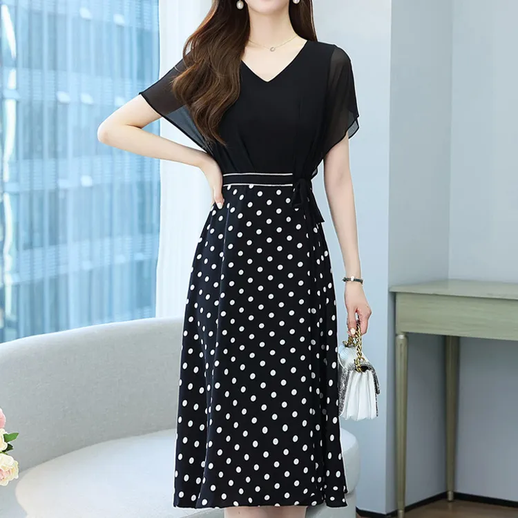 HUASJ Short Sleeved Dresses Women's Polka Dot Black-2